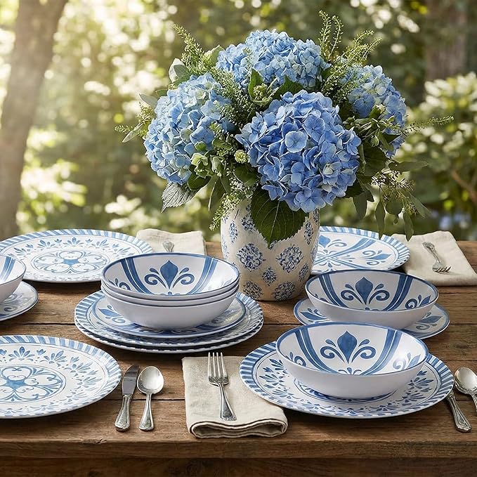 Melamine Dinnerware Sets for 4 12-Piece Plates and Bowls Sets - 4 Dinner Plates 4 Salad Plates 4 Cereal Bowls - Shatterproof &amp Lightweight for Indoor/Outdoor Dining Embossed Textures