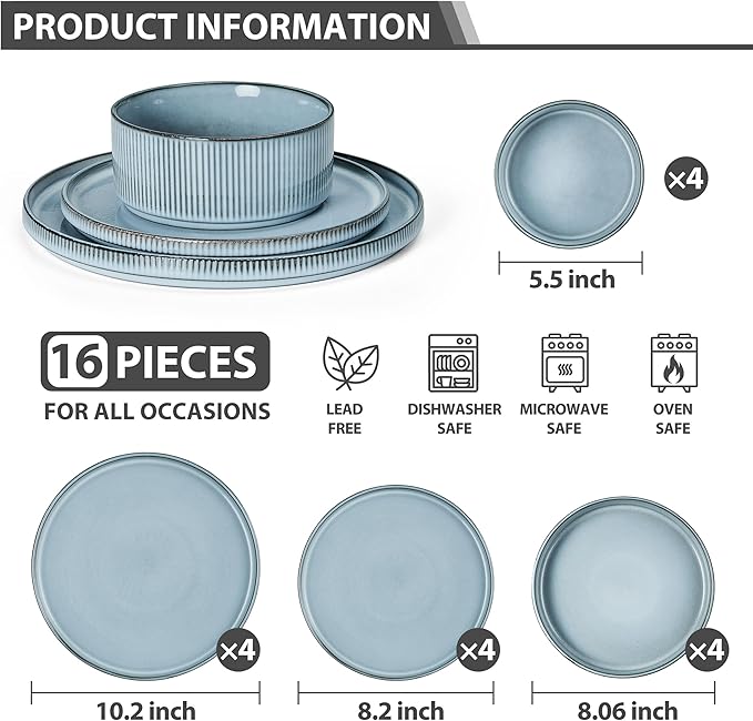 LIANYU Dinnerware Stoneware Sets with Pasta Bowls 16 Piece Plates and Bowls Set for 4 Ribbed Dishes Set for Home Microwave and Dishwasher Safe Slate Blue