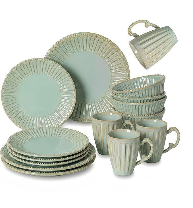 16-Piece Dinnerware Set for 4 Ceramic Plates Bowls and Mugs Dishwasher &amp Microwave Safe Ideal for Family Dinners Parties and Everyday Use Green
