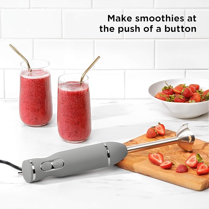 Chefman Immersion Stick Hand Blender with Stainless Steel Blades Powerful Electric Ice Crushing 2-Speed Control Handheld Food Mixer Purees Smoothies Shakes Sauces &amp Soups Grey