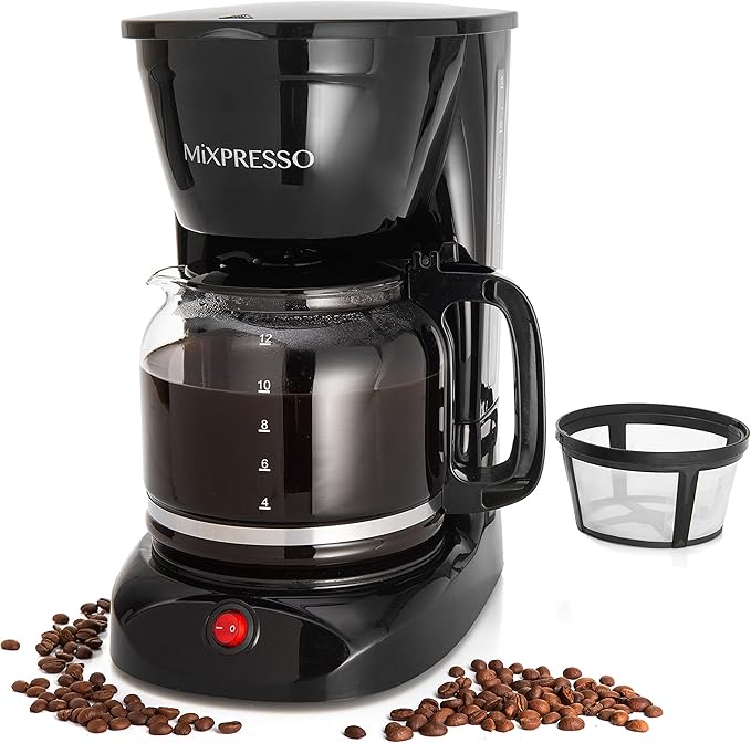 Mixpresso 12 Cup Coffee Pot Auto-Off &amp Reusable Filter Large Drip Coffee Maker Borosilicate Glass Carafe Anti-Drip Water Window Easy On/Off Switch Black Coffee Machine