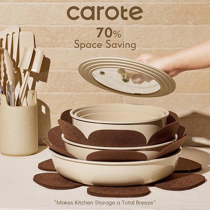 CAROTE 22PCS Pots and Pans set Non Stick Ceramic Cookware Set RV Kitchen Cooking Set Removable Handles Oven Safe Induction Coolware Non-toxic Kitchen Cooking Set PFAS and PFOA Free