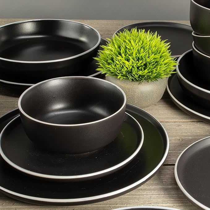 BIA Cordon Bleu Stoneware Tempo 16-Piece Dinnerware Set Double Bowl Onyx