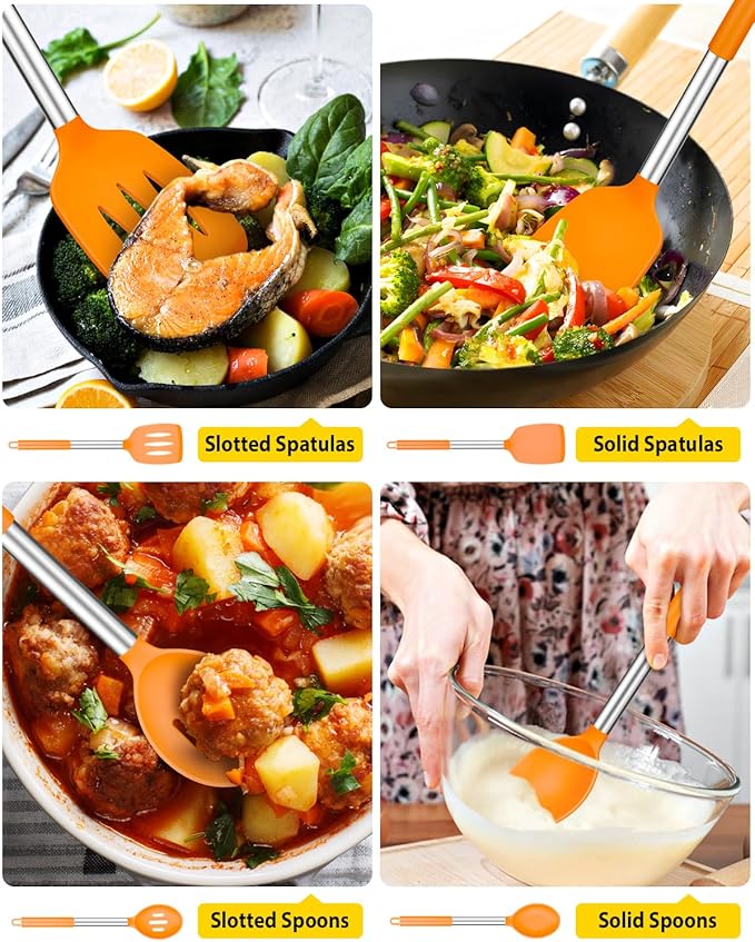 Pack of 4 Silicone Cooking Utensils Set Non Stick Large Solid Spatulas Heat Resistant Slotted Spoons Ideal BPA Free Kitchen Turners for Frying MixingServingDrainingTurningStirring (ORANGE)