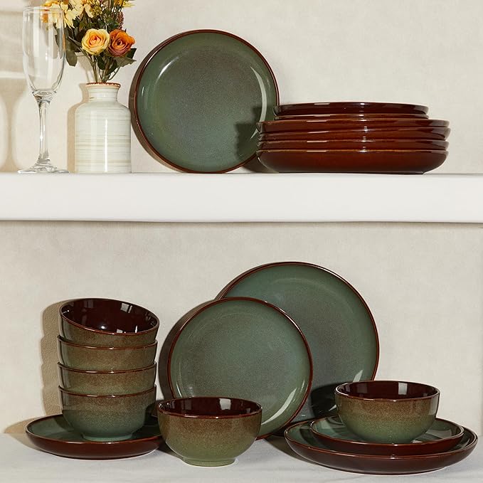 36 Piece Stoneware Dinnerware Sets Ceramic Plates and Bowls Set Microwave &amp Dishwasher Safe Kitchen Dish Set Modern Dinner Salad Plates | Cereal Bowls for 12 Dishware Sets Sage Green