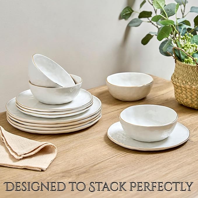 Sango 12-Piece Lightweight Porcelain Dinnerware Set for 4 Glossy Vanilla White Plates and Bowls Sets Gold Rims Farmhouse Ceramic Dish Set Rustic Dishes Microwave and Dishwasher Safe Gansevoort