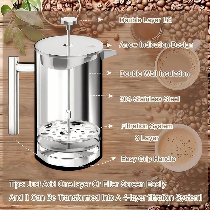 Premium Stainless Steel French Press Coffee Maker (5 Pack Filter)- 34oz/1L Thermal Insulated 304 Rust-Proof Metal Press - Heat-Resistant Ergonomic Handle BPA Free(Dishwasher Safe)