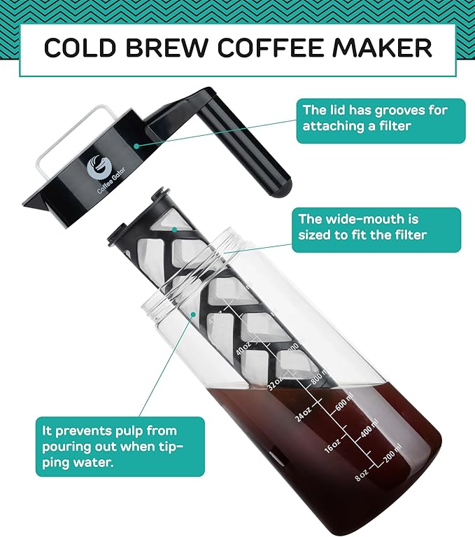 Coffee Gator Cold Brew Coffee Maker - 47 oz Iced Tea and Iced Coffee Maker and Pitcher with Borosilicate Glass Carafe Filter - Black