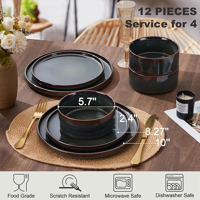 Vesteel Dinnerware Set for 4 12-Piece Stoneware Ribbed Dishes with Reactive Glaze Ceramic Plates and Bowls Set for Home Restaurant Chip &amp Scratch Resistant - Blackish Green