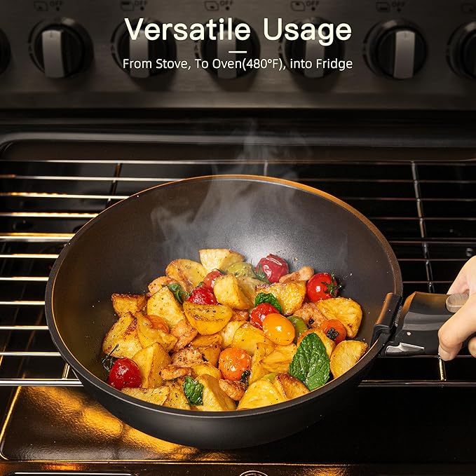 Astercook Non Stick RV Pots and Pans Ceramic Kitchen Cookware Set with Detachable/Removable Handle Oven Safe Induction Ready Stackable Black 21 pcs