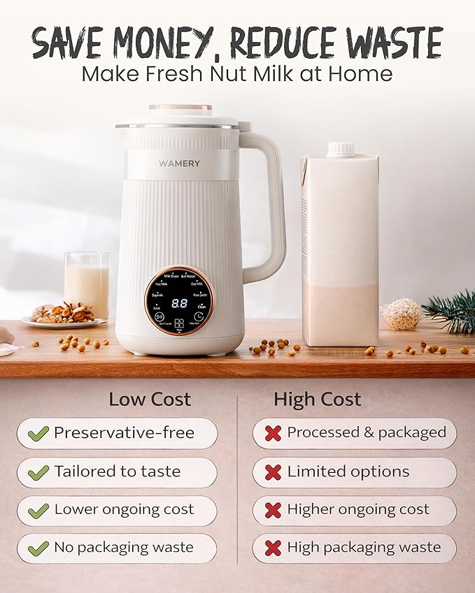 Wamery 32oz Nut Milk Machine (Black) - Soy Milk Maker for Almond &amp Oat Fruit Blender Automatic Heated Programs Self‑Cleaning Delay Start Keep Warm &amp Boil Water 1‑Liter Capacity with Star