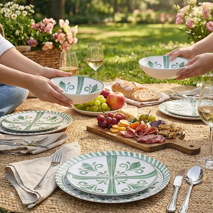 Melamine Dinnerware Sets Dinnerware Sets for 4 12Pcs Plates and Bowls Sets Green Floral Embossed Design Dish Set for Indoor and Outdoor Use