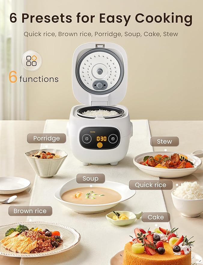 COMFEE' Mini Rice Cooker 4 Cups Cooked/2 Cups Uncooked Portable Non-Stick rice maker 24 hours Timer Delay 6 Functions Fast Cooker Brown Rice Oatmeal White