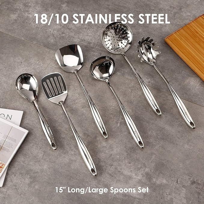 304 Stainless Steel Kitchen Utensil Set - 9 PCS Serving Utensils Cooking Utensil Solid Spoon Slotted Spoon Fork Spatula Ladle Skimmer Spoon Slotted Spatula Tunner Spaghetti Spoon Large Spoon