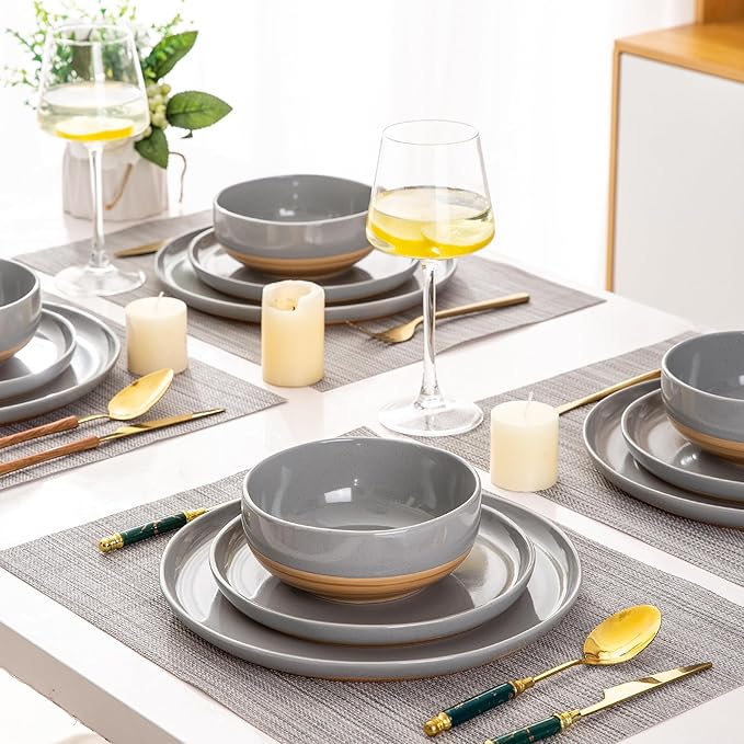 AmorArc Ceramic Dinnerware Sets for 6 18 Pieces Handpainted Plates and Bowls Set with Rustic Terracotta Underside Scratch Resistant Stoneware Dishes Set Dishwasher &amp Microwave Safe Gray