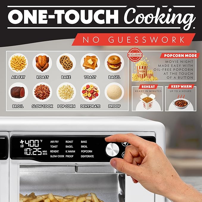 Gourmia French Door Air Fryer Oven - 37 Qt Large Capacity Convection Toaster Oven FryForce 360° Digital Display 12 Cooking Presets Dehydrate Fits 13” Pizza Dishwasher-Safe White