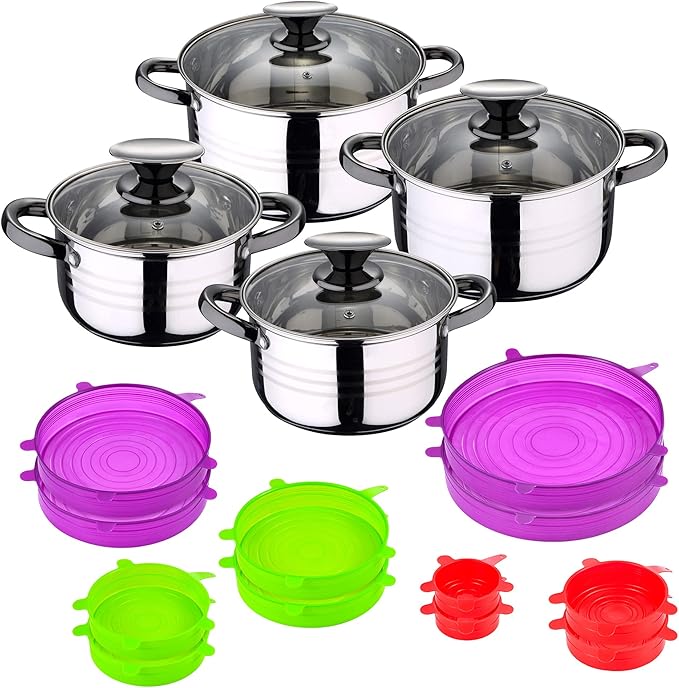 San Ignacio Jolie 8-Piece Cookware Suitable for Induction Hita in Stainless Steel with Set of 12 Silicone Lids