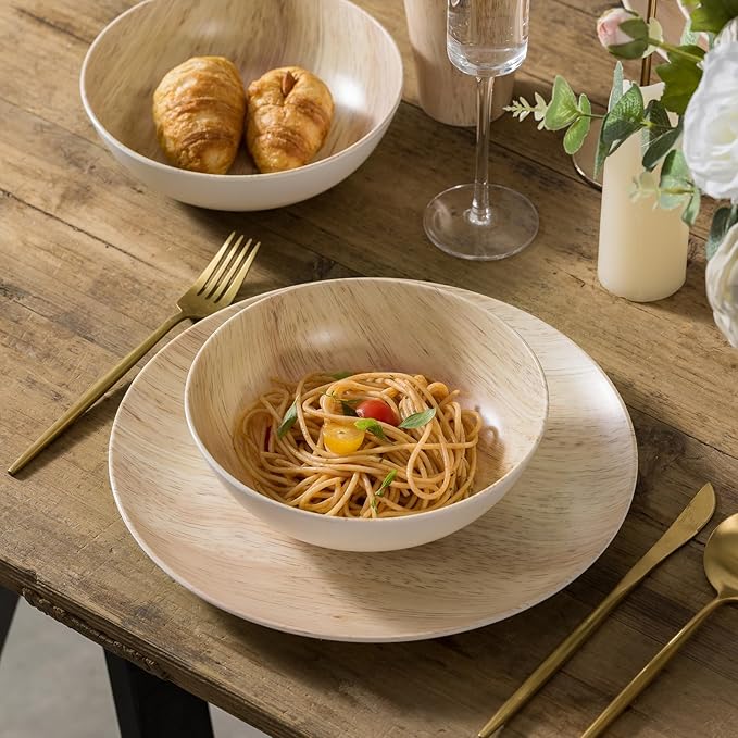 MissYIP 16 Pcs Melamine Dinnerware Set Service for 4Woodland Melamine Plates Set with Bowls and CupsNon-breakable Lightweight Dining Tableware Indoor and Outdoor useDishwasher SafeWood grain