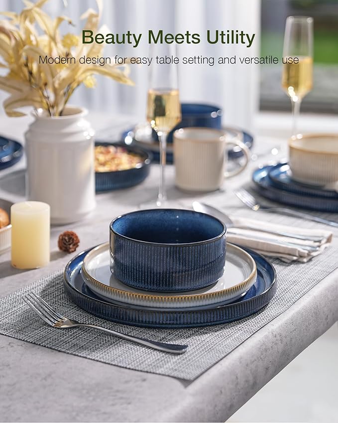Famiware Star Dinnerware Set Plates and Bowls Sets for 4 (12pcs) Ribbed Stoneware Dishes - Chip &amp Scratch Resistant Microwave &amp Dishwasher Safe Multicolor - Cappuccino White &amp Nebulas