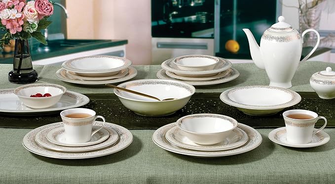 Lorren Home Trends Bone China Dinnerware Set White with Gold Trim Pattern Service for 8 Complete 57-Piece Dining Collection