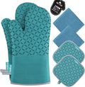 KEGOUU Oven Mitts and Pot Holders 6pcs Set Kitchen Oven Glove High Heat Resistant 500 Degree Extra Long Oven Mitts and Potholder with Non-Slip Silicone Surface for Cooking (Lake Blue)