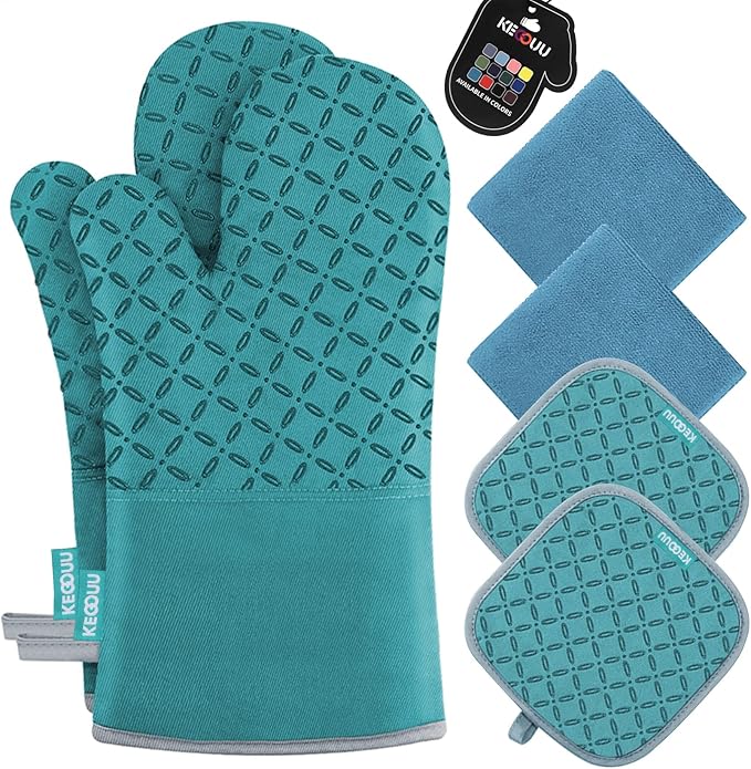 KEGOUU Oven Mitts and Pot Holders 6pcs Set Kitchen Oven Glove High Heat Resistant 500 Degree Extra Long Oven Mitts and Potholder with Non-Slip Silicone Surface for Cooking (Lake Blue)