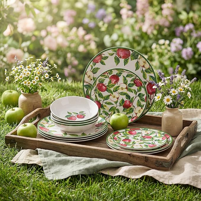 Melamine Dinnerware Set for 4 Apple Plates and Bowls Set 12pcs Melamine Dish Set with Green Edge Elegant Kitchen Dishes Lightweight Tableware for Picnic Camping RV Dishwasher Safe