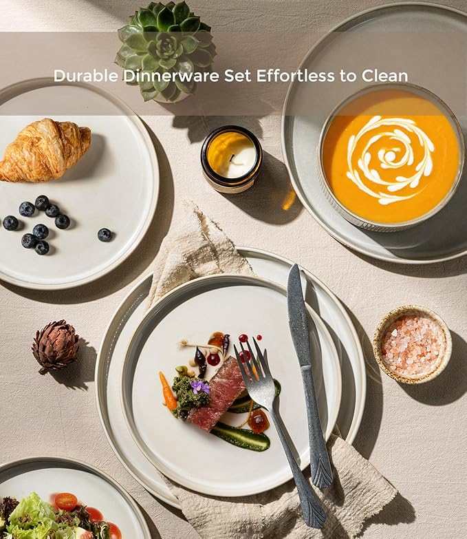 GBHOME 12-Piece Stoneware Dinnerware Set for 4 – Ribbed Ceramic Plates and Bowls Scratch-Resistant Microwave &amp Dishwasher Safe Reactive Glaze Oatmeal Veil