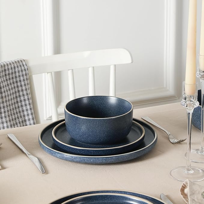 Earth &amp Clay Amber 12-Piece Dinnerware Set Stoneware Dishwasher and Microwave Safe Plates and Bowls Set Dish Set for 4 Blue