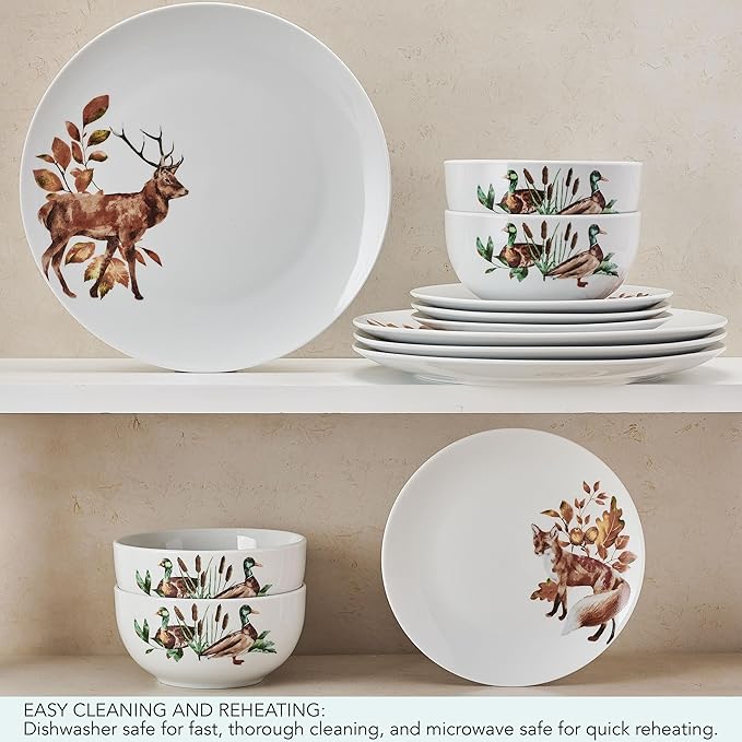 Studio Nova Woodland Wonders Lodge 12 Piece Dinnerware Plate Bowl Set Service for 4
