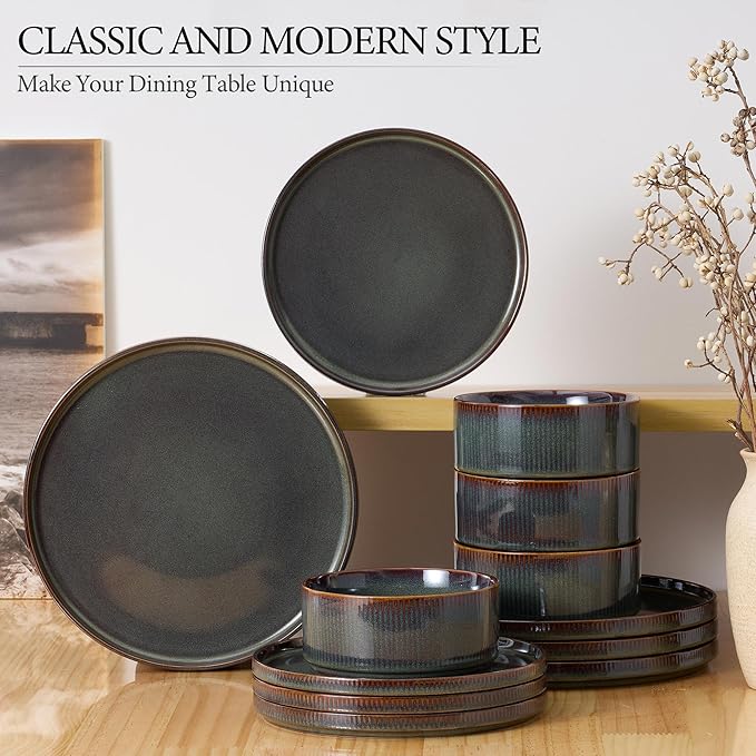 E-far 12-Piece Plates and Bowls Sets and 35oz Pasta Bowls Set of 4 bundle Stoneware Dinnerware Dishes Sets for 4 Kitchen Modern Dining Dishware Bowl Plate Blackish Green