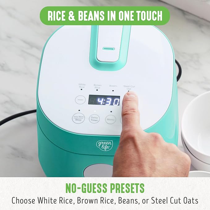 GreenLife PFAS-Free 4-Cup Rice Beans Oats and Grains Cooker Healthy Ceramic Nonstick Easy to Use Automatic Presets Dishwasher Safe Parts Turquoise