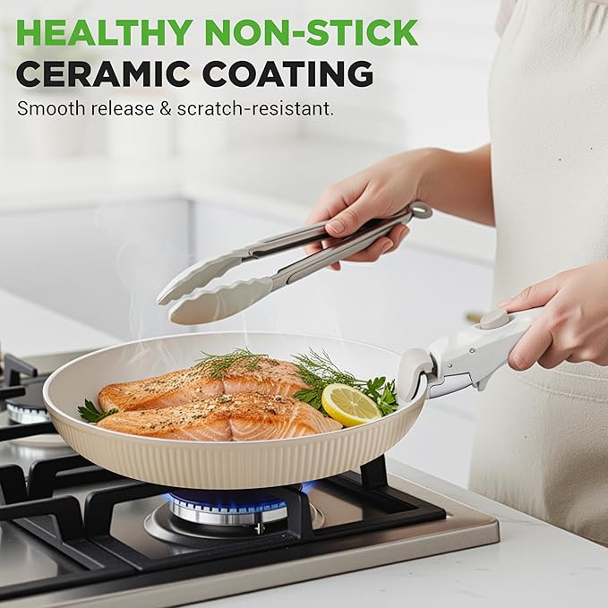 NutriChef 18-Piece Ceramic Cookware Set with Detachable Handles Non Stick Pots and Pans PTFE-Free Natural Ceramic Coating Space-Saving Design Oven &amp Stove Safe Includes Utensils Cream