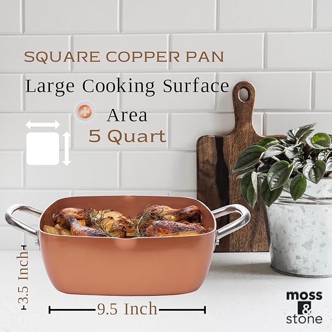 Moss &amp Stone 5 Pcs Copper Chef Cookware Non Stick Deep Frying Pan Fry Basket Steamer Rack Dishwasher &amp Oven Safe 5 Qt Deep Square Pan Induction Copper Cookware Set - 9.5 x 3.5