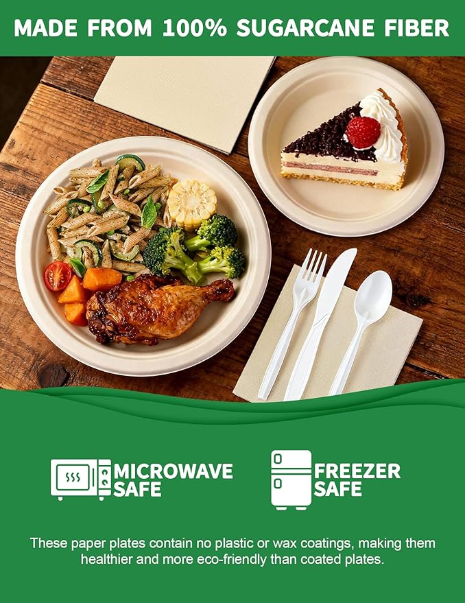 300 Pcs Compostable Dinnerware Set - Serves 50 Guests with Heavy Duty 9 &amp 7 Inch Plates Napkins &amp Cutlery | Biodegradable Sugarcane Eco-Friendly Party Supplies for Birthday Christmas Holida
