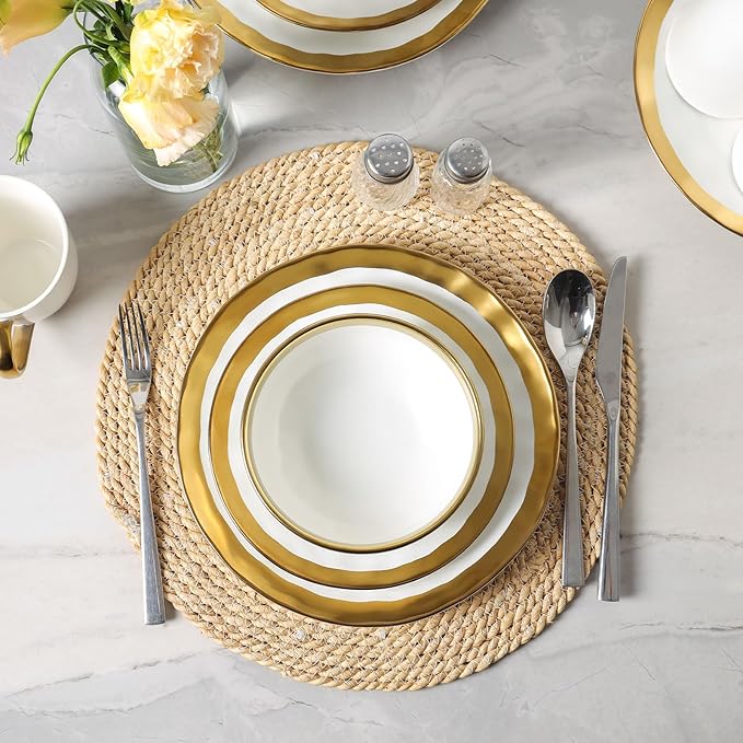 Vicrays 12-Piece Ceramic Dinnerware Set Dinner Plates Salad Plates &amp Cereal Bowls Dish Set for 4 Microwave Oven &amp Dishwasher Safe Scratch Resistant White with Golden