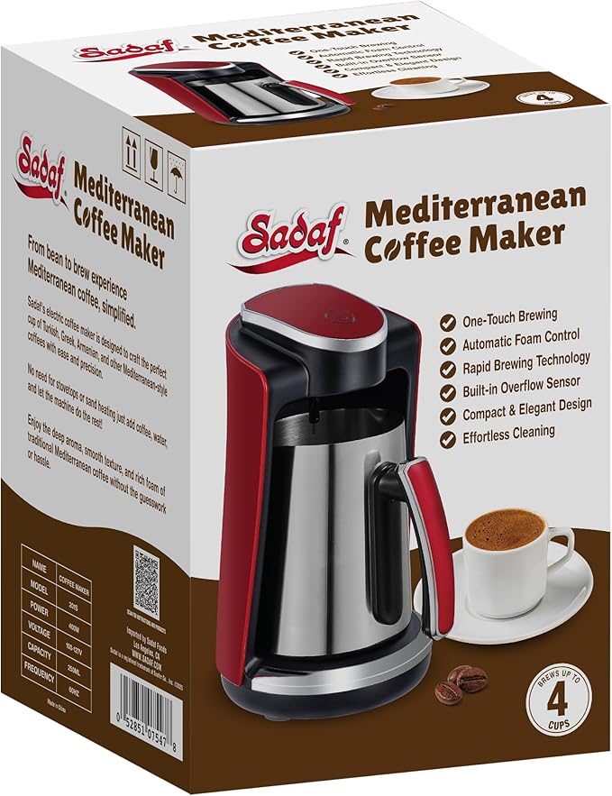 Sadaf One-Touch Mediterranean Coffee Maker – Electric Turkish Greek and Armenian Coffee Machine - Stainless Steel Coffee Maker - Foam Control &amp Overflow Sensor - Middle Eastern Cuisine - 250ml