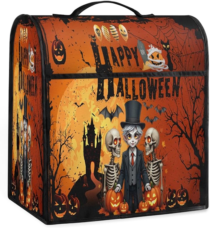 cfpolar Kitchen Aid Mixer Cover Compatible with 6-8 Quarts Skeleton Prince Pumpkin Bat Halloween Stand Mixer Cover Kitchen Aid Mixers Accessories Appliance Organizer Bag Dust Covers with Zipper Pocket