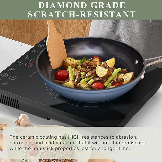 Nuwave Healthy Duralon Blue Ceramic Nonstick Cookware Set Diamond Infused Scratch-Resistant PFAS Free Dishwasher &amp Oven Safe Induction Ready &amp Evenly Heats Tempered Glass Lids &amp Stay-