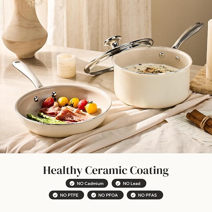 Redchef Sauce Pan &amp Frying Pan Set 8 Ceramic Nonstick Fryingpan &amp 2.5Qt Saucepan with Lid Mini Cookware Set Induction Compatible Nontoxic PTFE PFOA Free Oven &amp Dishwasher Safe Beige
