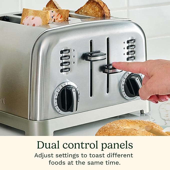 Cuisinart 4 Slice Compact Stainless Steel Toaster with Extra-Wide Slots for Bread French Toast Bagels &amp Pastries Defrost &amp Reheat Functions CPT-180P1 Brushed Stainless Removable Crumb Tr