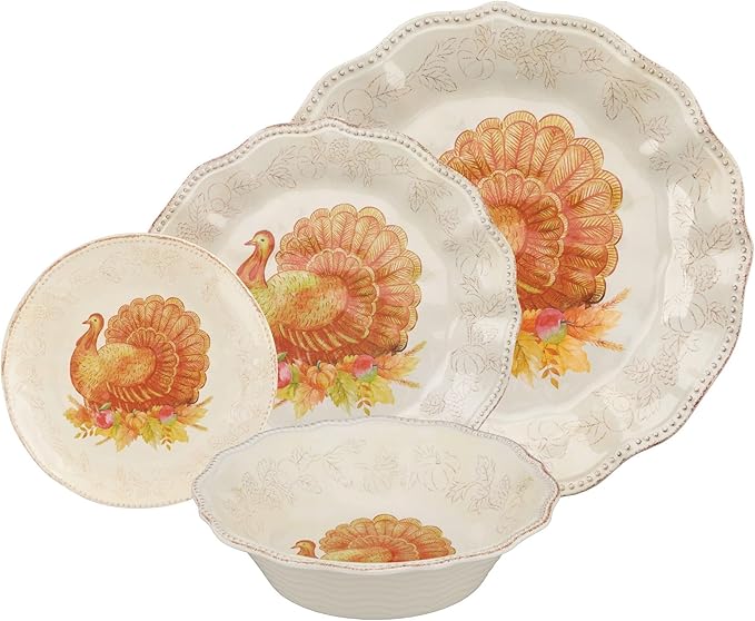 UPware 16 Piece Glitter Turkey Melamine Dinnerware Sets Outdoor Dishes Set Plates and Bowls Sets Autumn Thanksgiving Decorations Service for 4 Orange