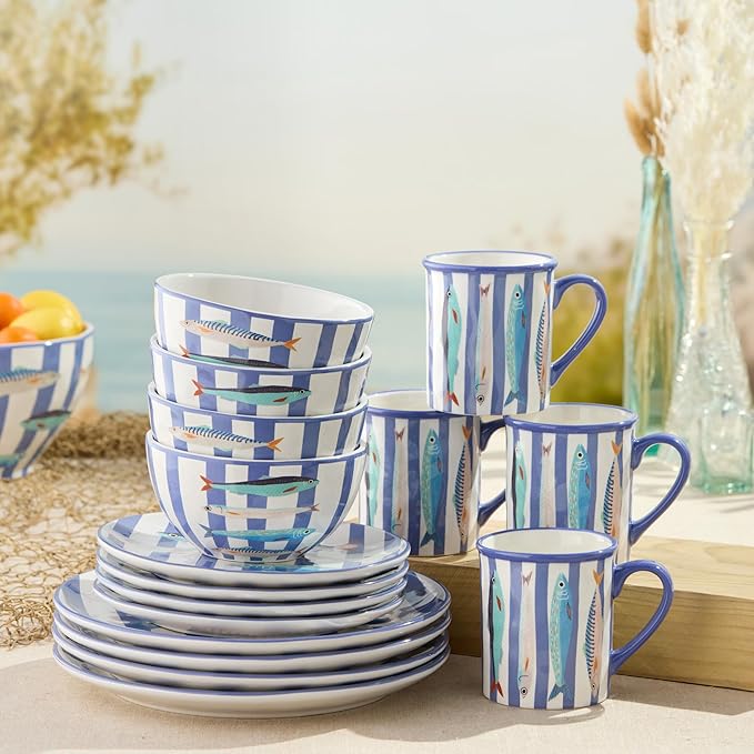 Something Fishy 16-Piece Ceramic DINNERWARE SETSERVICE for 4 Coastal Blue Striped Plates Mugs and Bowls with Artist-Designed Fish Artwork for Beach House Dining and Entertaining