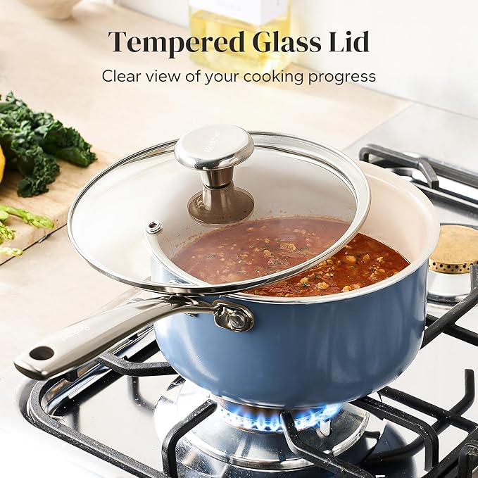 Redchef Sauce Pan Cookware Set 8 Non-Stick Ceramic Frying Pan &amp 2.5QT Saucepans with Tempered Glass Lid Stay-Cool Handle Non Toxic PTFE &amp PFOA Free Oven Safe &amp Stovetop Suitable Blue