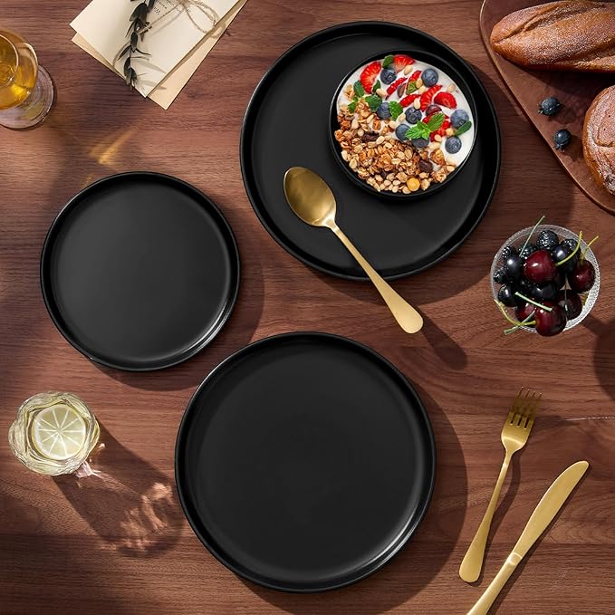 E-far 18-Piece Stoneware Plates and Bowls Sets Dinnerware Sets for 6 Ceramic Dishware Dishes Set with Terracotta Base Chip &amp Scratch Resistant Microwave &amp Dishwasher Safe Matte Black