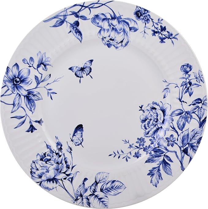 222 Fifth 12-Piece Porcelain Dinnerware Set for 4 White &amp Blue Plates and Bowls Set Glossy Ceramic Dish Set with Embossed Toile Pattern Elegant Kitchen Dishes Microwave &amp Dishwasher Safe