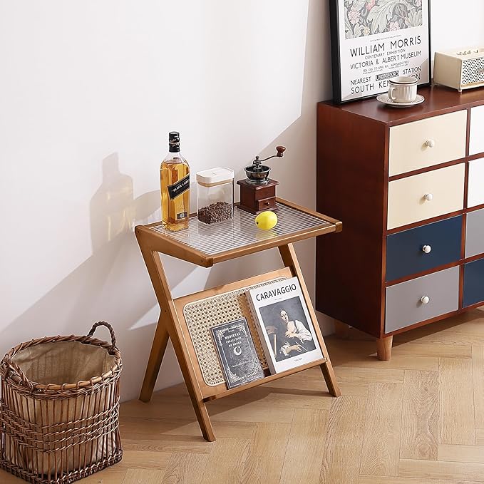 Tiita Rattan Nightstand Side Table Bamboo Accent Bedside Tables Glass Coffee Tables Boho Wooden End Table with Storage for Small Space Living Room and Bedroom