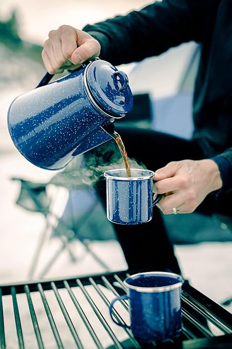 Stansport Enamel Percolator Coffee Pot &amp 4 Mug Set (11230)Blue