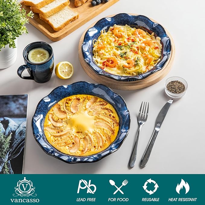 vancasso Starry 18 Pieces Dinnerware Sets for 6 Bundles 9 inch Pie Pans with Ruffled Edge Set of 2