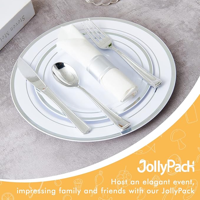 JollyPack 100 Piece Disposable Silver Plastic Party Plates Including 50 10 Inch Dinner Plates and 50 7 Inch for Dessert Great for Parties Weddings Home Use and Christmas